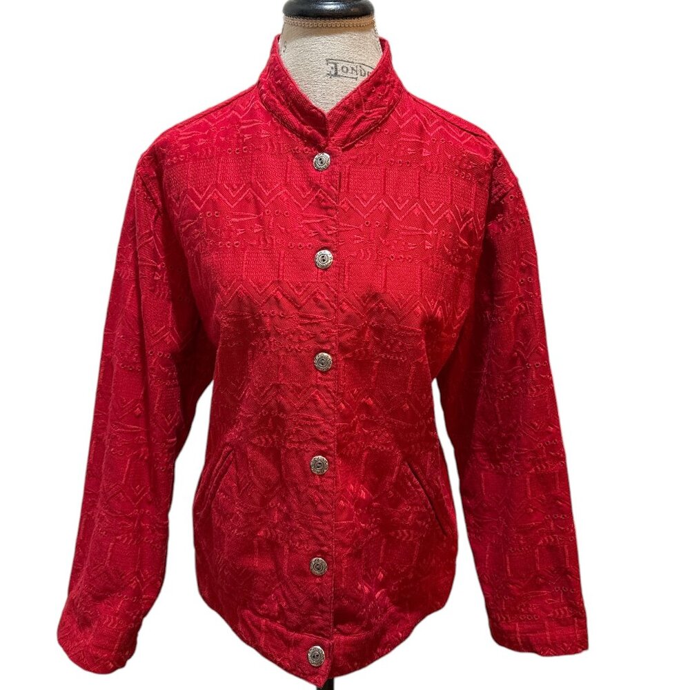 Chico's Design Sz 3 (XL) Red Embroidered 6-Button Long Sleeve Jacket w Islets - Picture 5 of 10